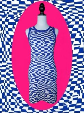 Pretty Garbage Retro Mod Two-Tone Blue White Warped Checkerboard Sweater Dress M